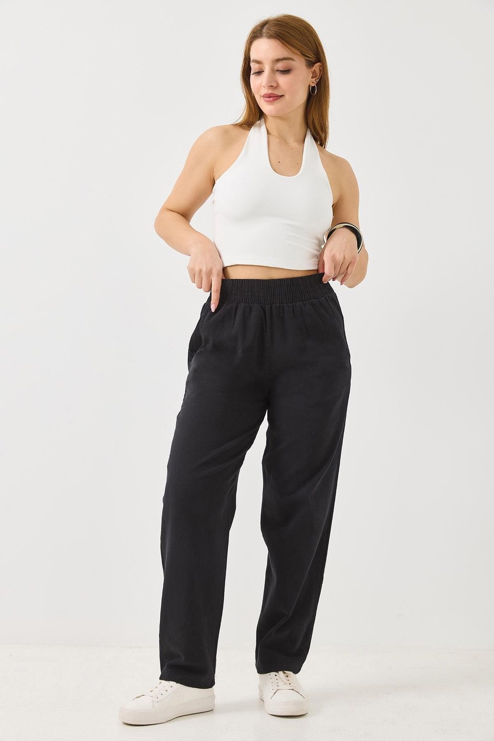 Siyah Beli Lastikli Mom Pantolon