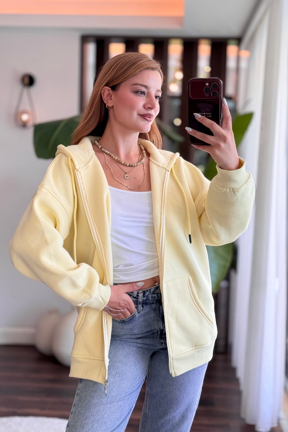 Sarı Kapüşonlu Fermuarlı Sweatshirt
