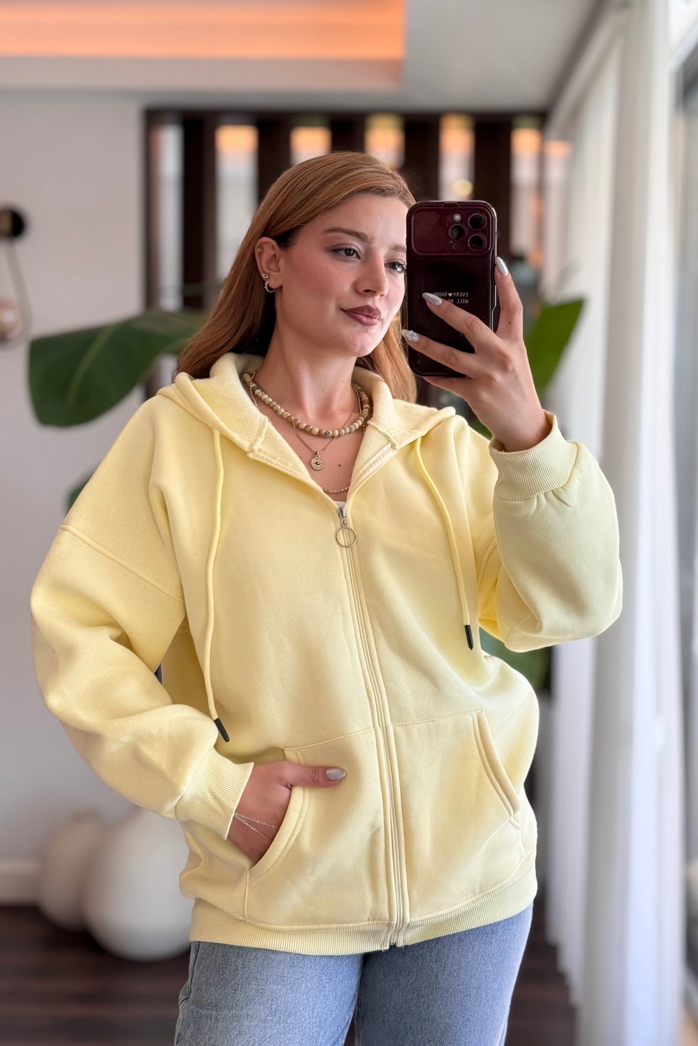 Sarı Kapüşonlu Fermuarlı Sweatshirt