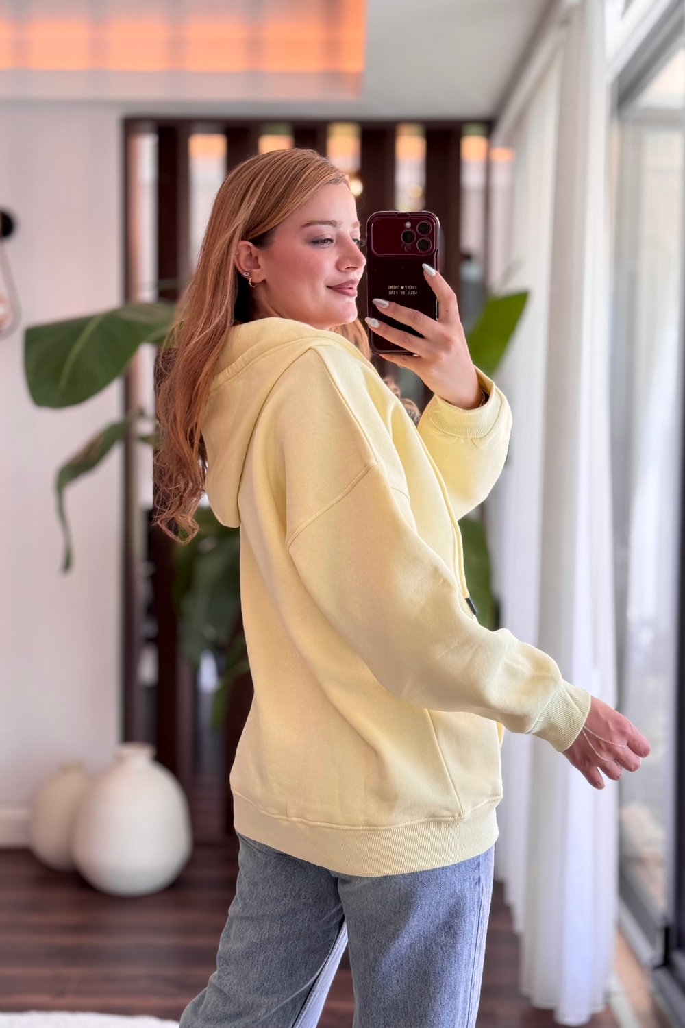 Sarı Kapüşonlu Fermuarlı Sweatshirt