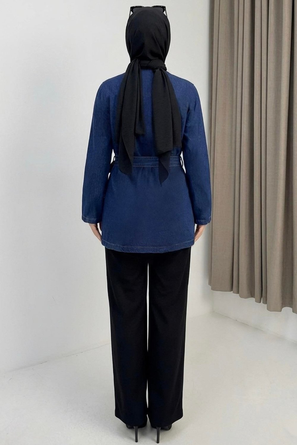 Lacivert Kuşaklı Kot Kimono