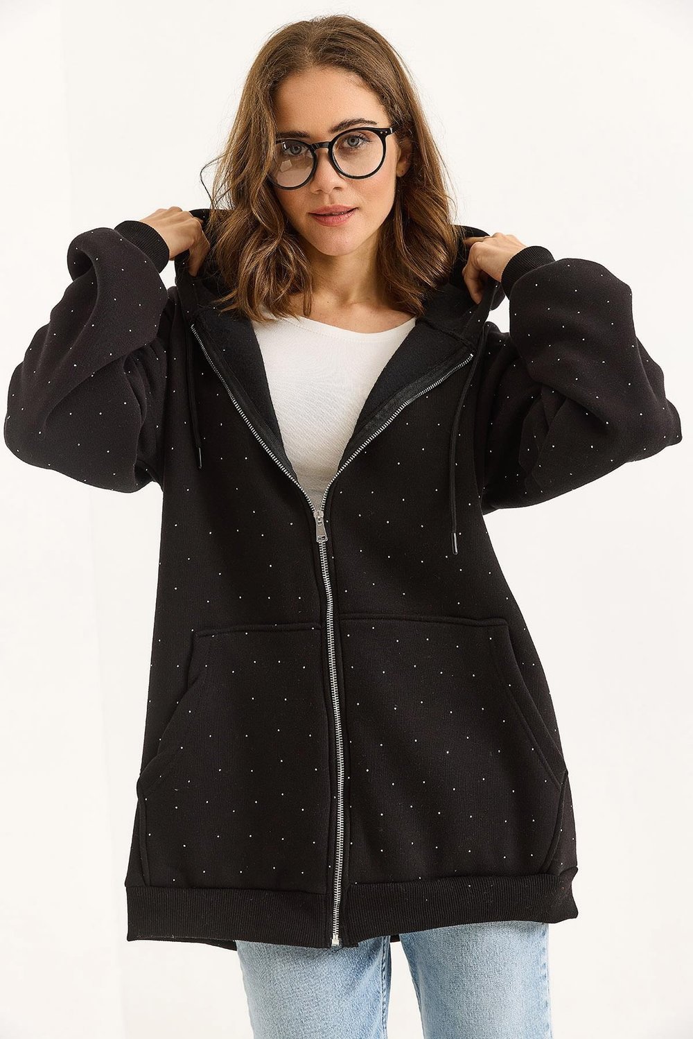 Siyah Taş Detaylı Oversize Hırka