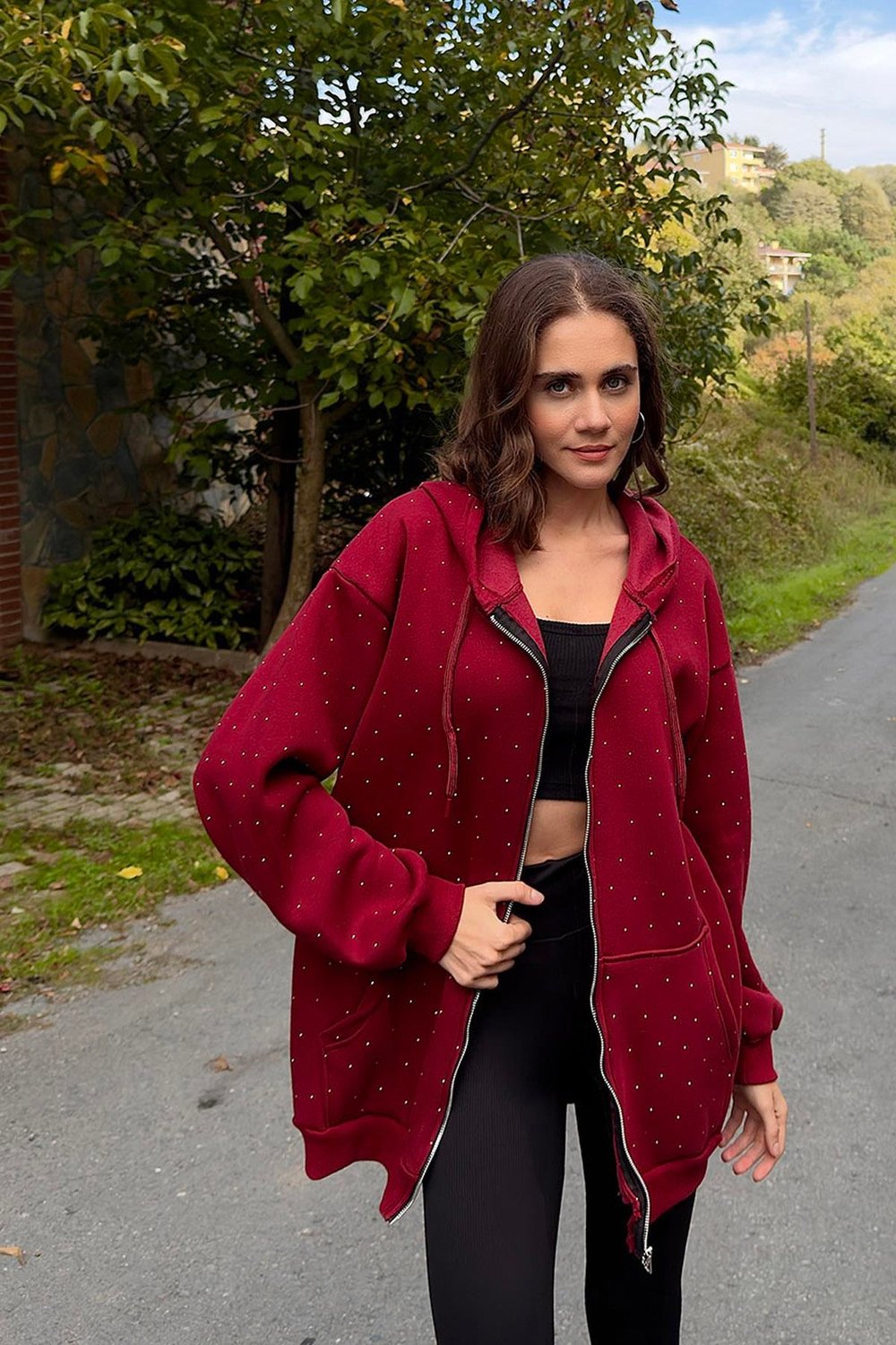 Bordo Taşlı Oversize Sweat Hırka