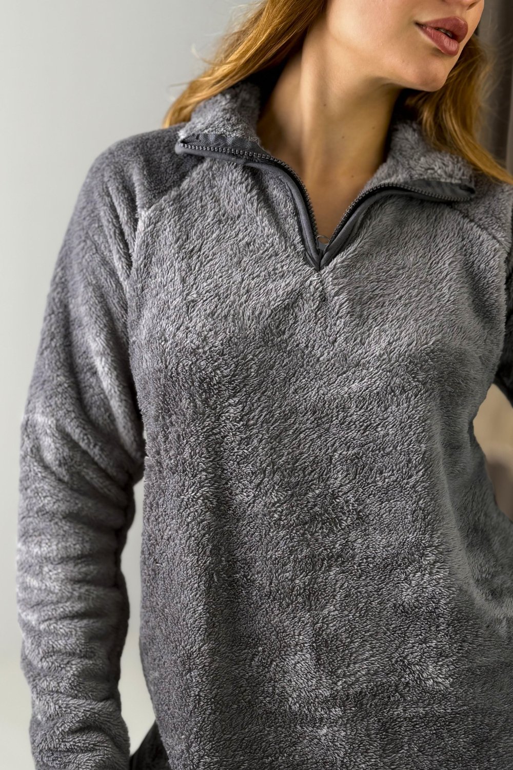 Füme Yarım Fermuarlı Peluş Sweatshirt