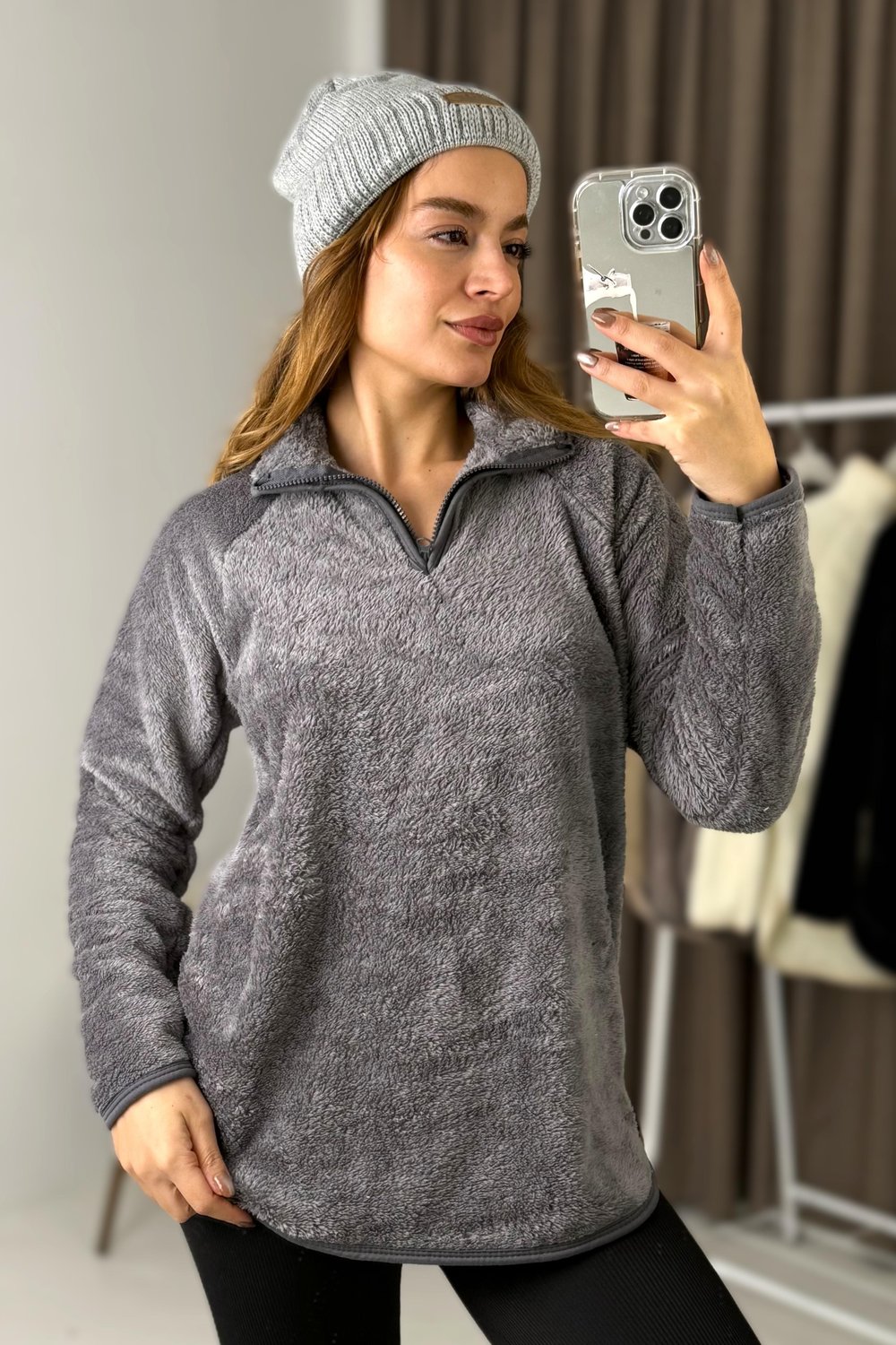 Füme Yarım Fermuarlı Peluş Sweatshirt