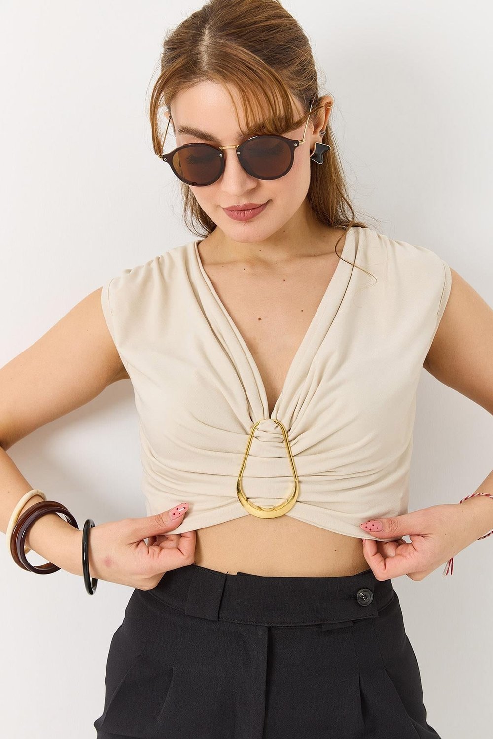 Krem Gold Toka Detaylı Bluz