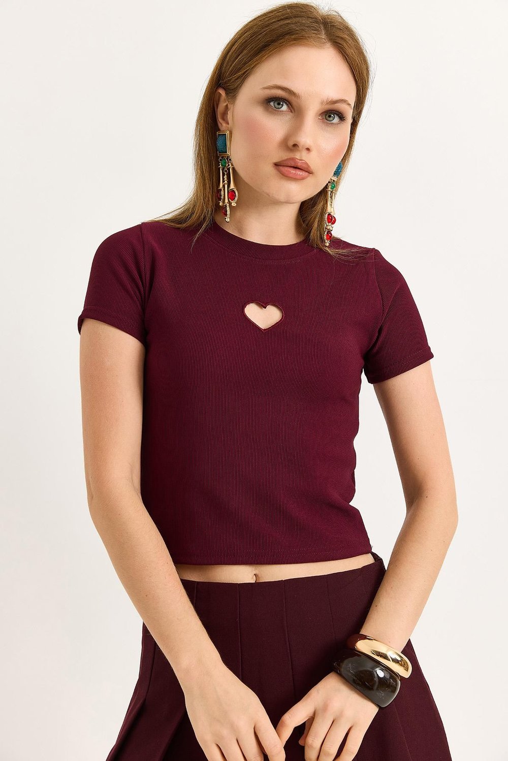 Bordo Kalp Detaylı Fitilli Bluz