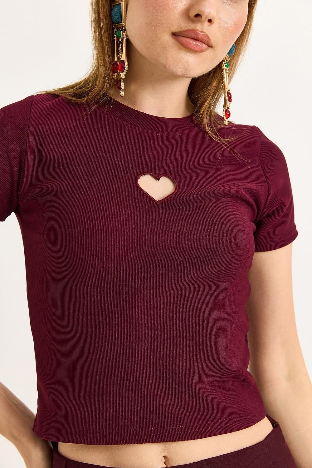 Bordo Kalp Detaylı Fitilli Bluz