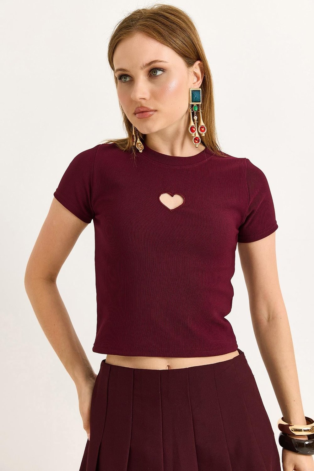 Bordo Kalp Detaylı Fitilli Bluz
