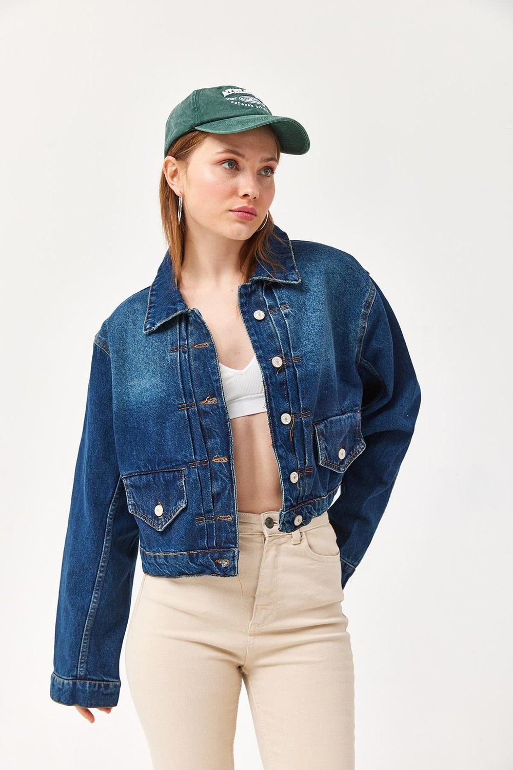 Lacivert Pile Detaylı Crop Kot Ceket