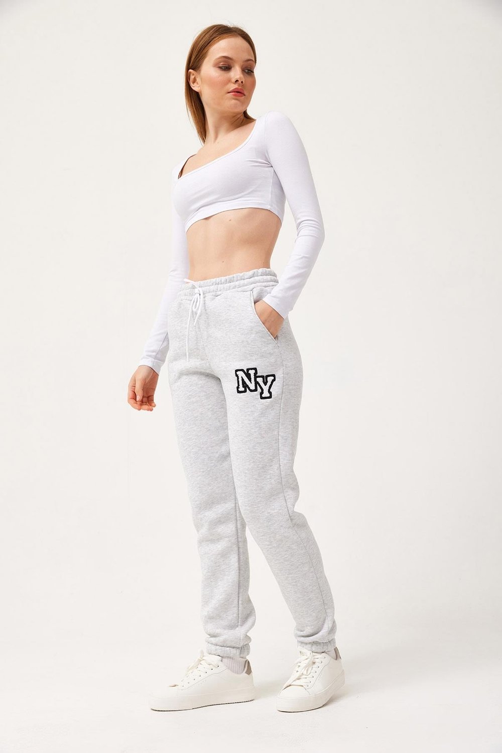 Gri NY Baskılı Eşofman Pantolon