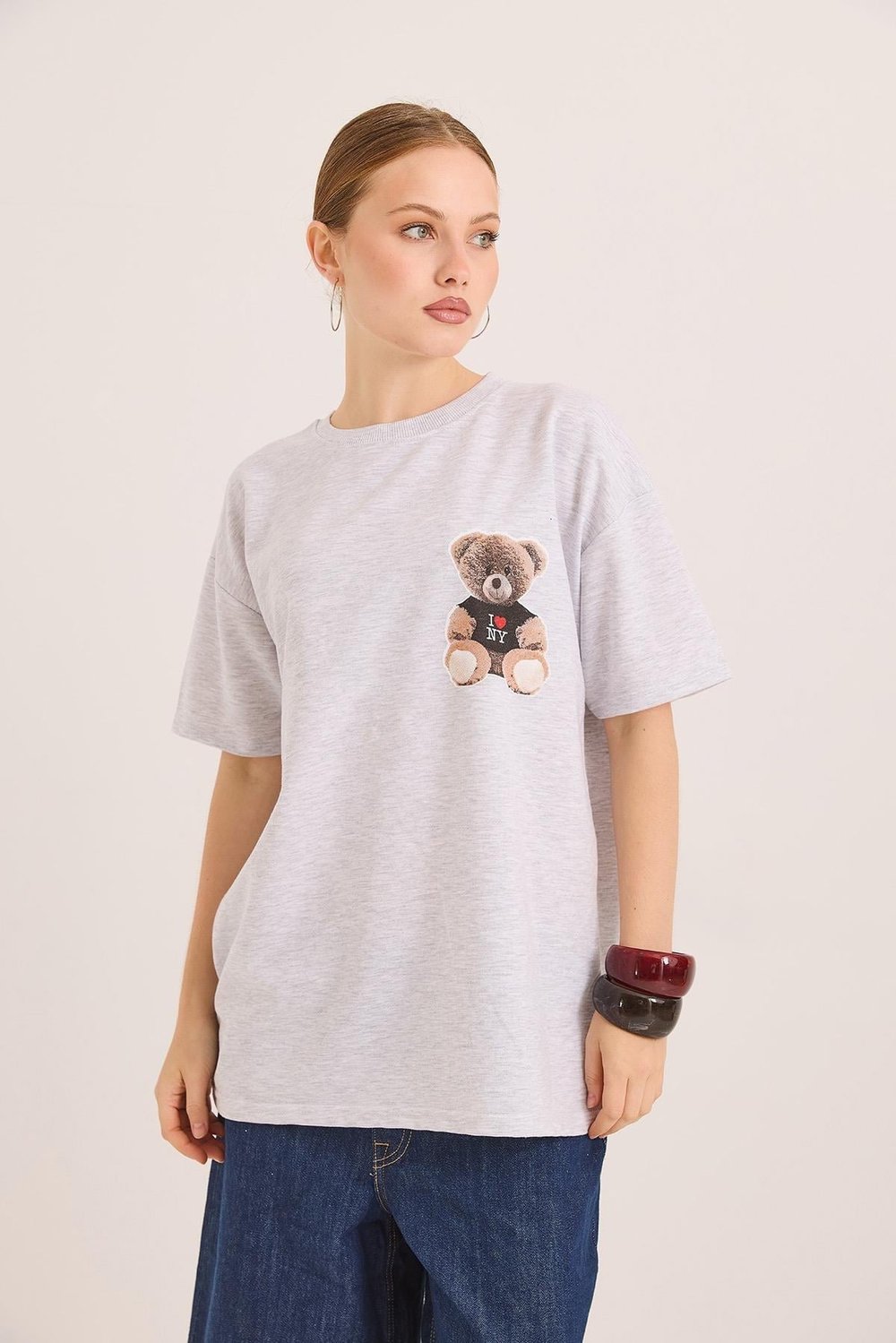 Gri Baskılı Oversize Örme Tişört