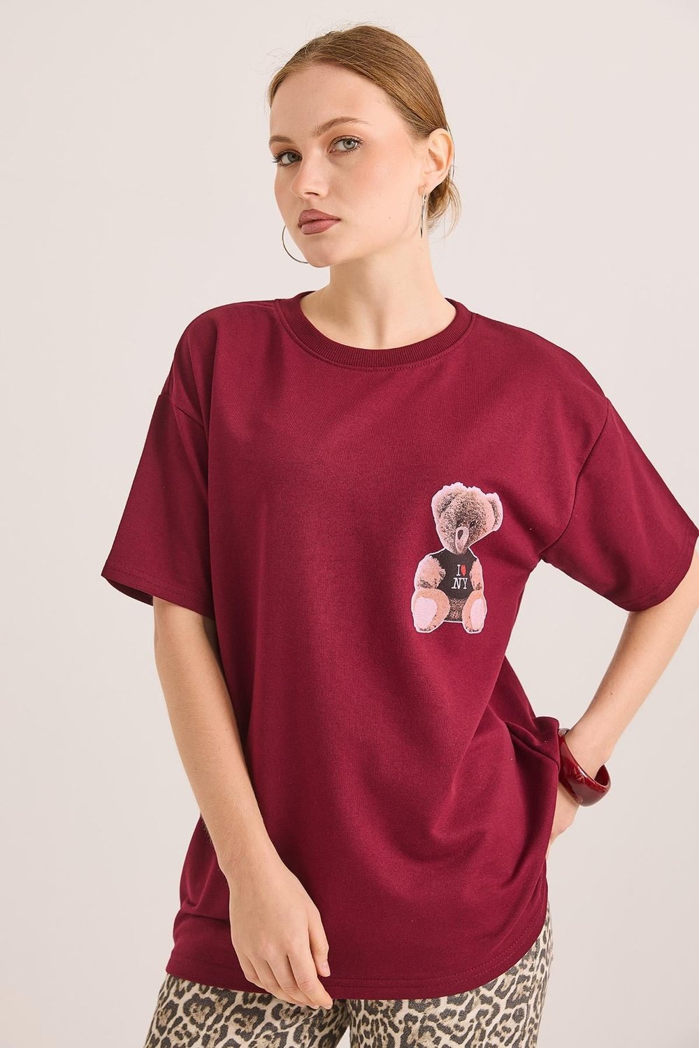 Bordo Baskılı Oversize Örme Tişört