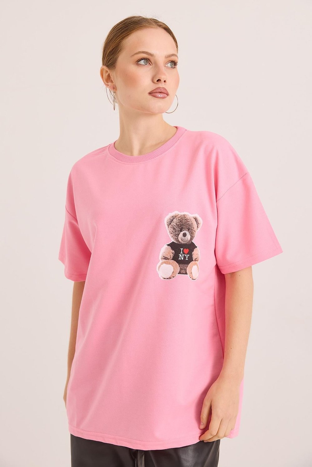 Pembe Baskılı Oversize Örme Tişört