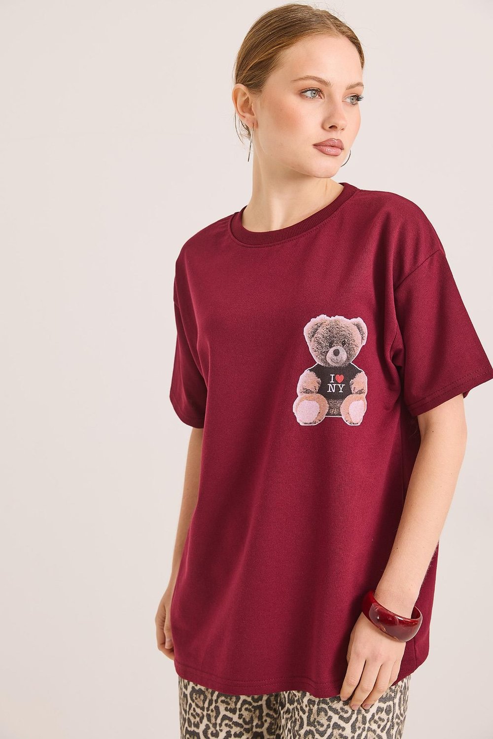 Bordo Baskılı Oversize Örme Tişört