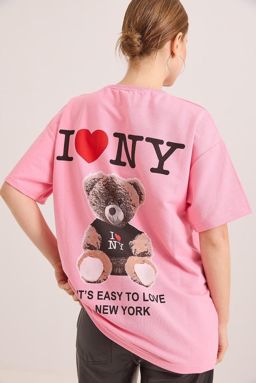Pembe Baskılı Oversize Örme Tişört