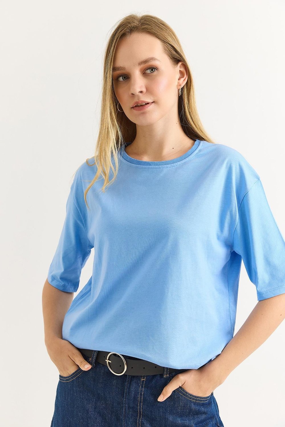 Mavi Oversize Bisiklet Yaka Tişört