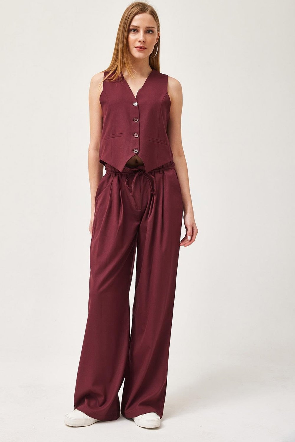Bordo Düğmeli Crop Blazer Yelek
