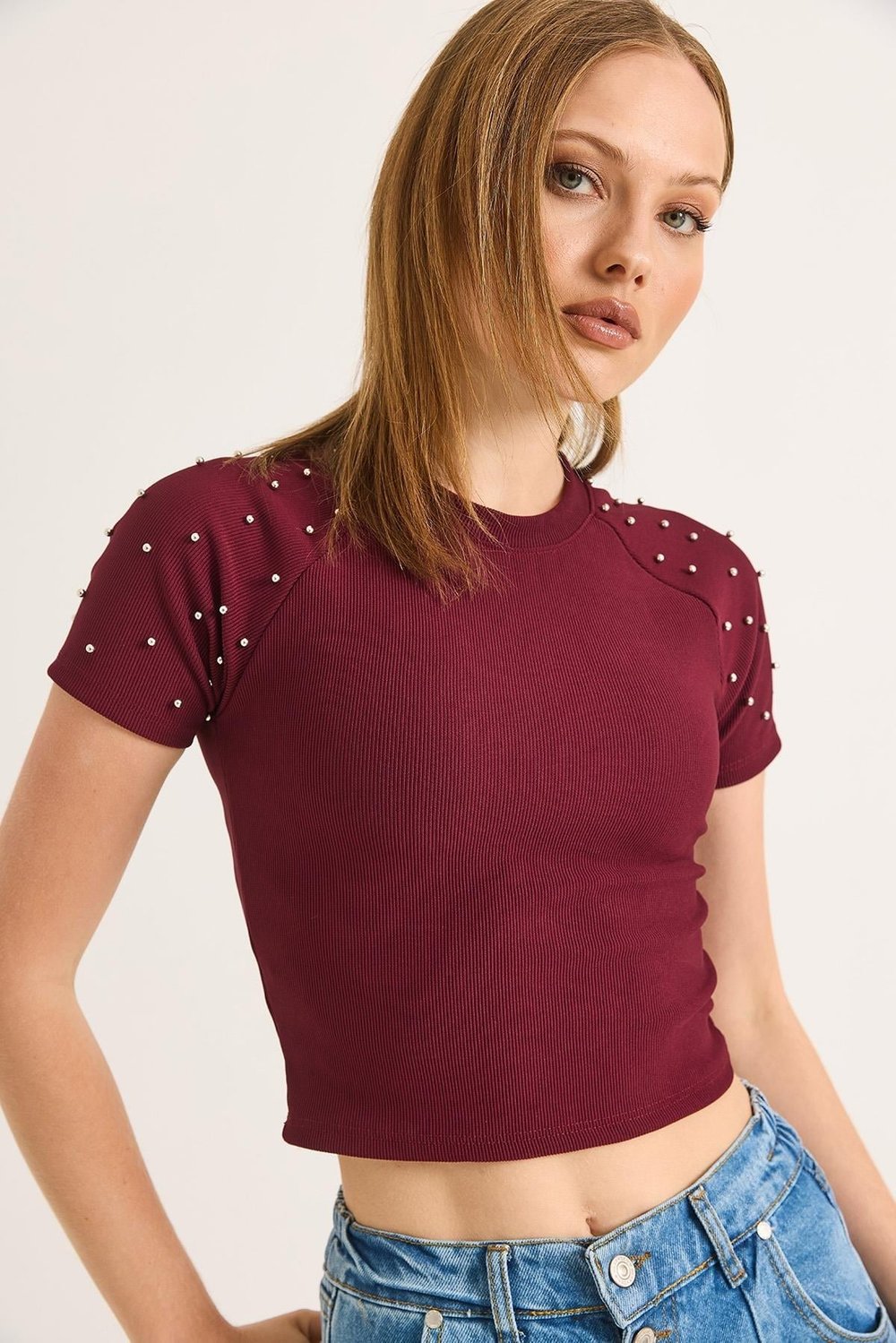 Bordo Taş Detaylı Crop Bluz