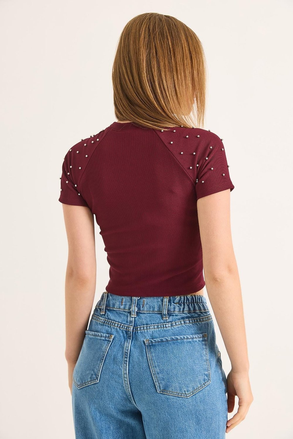 Bordo Taş Detaylı Crop Bluz