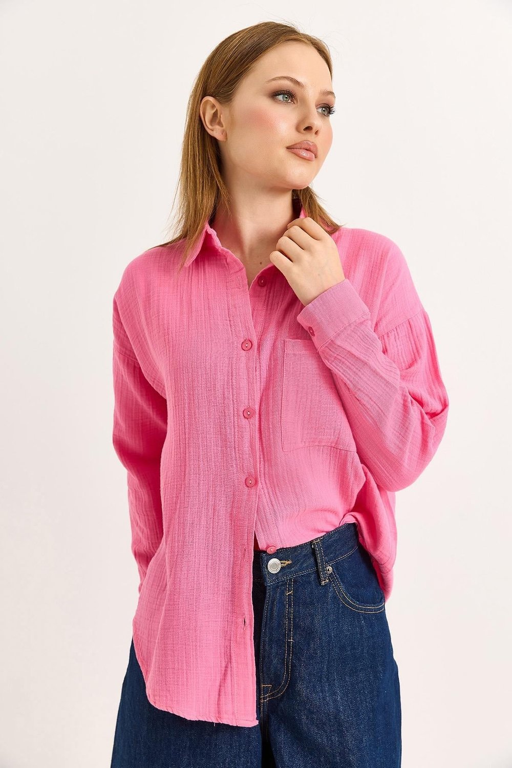 Pembe Oversize Uzun Kollu Gömlek