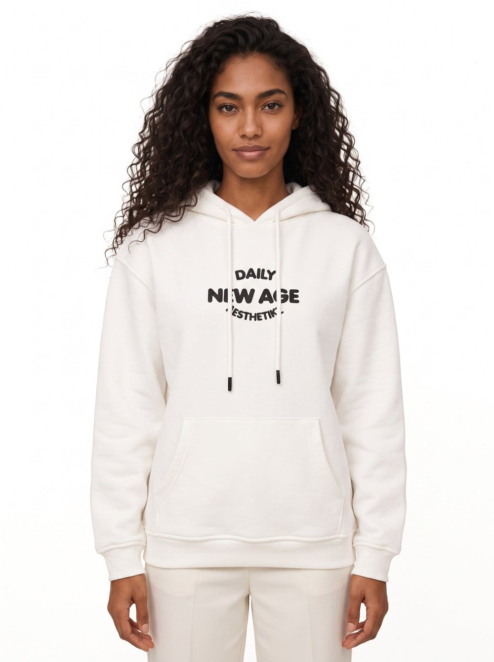 Beyaz Oversize Baskılı Kapüşonlu Sweatshirt