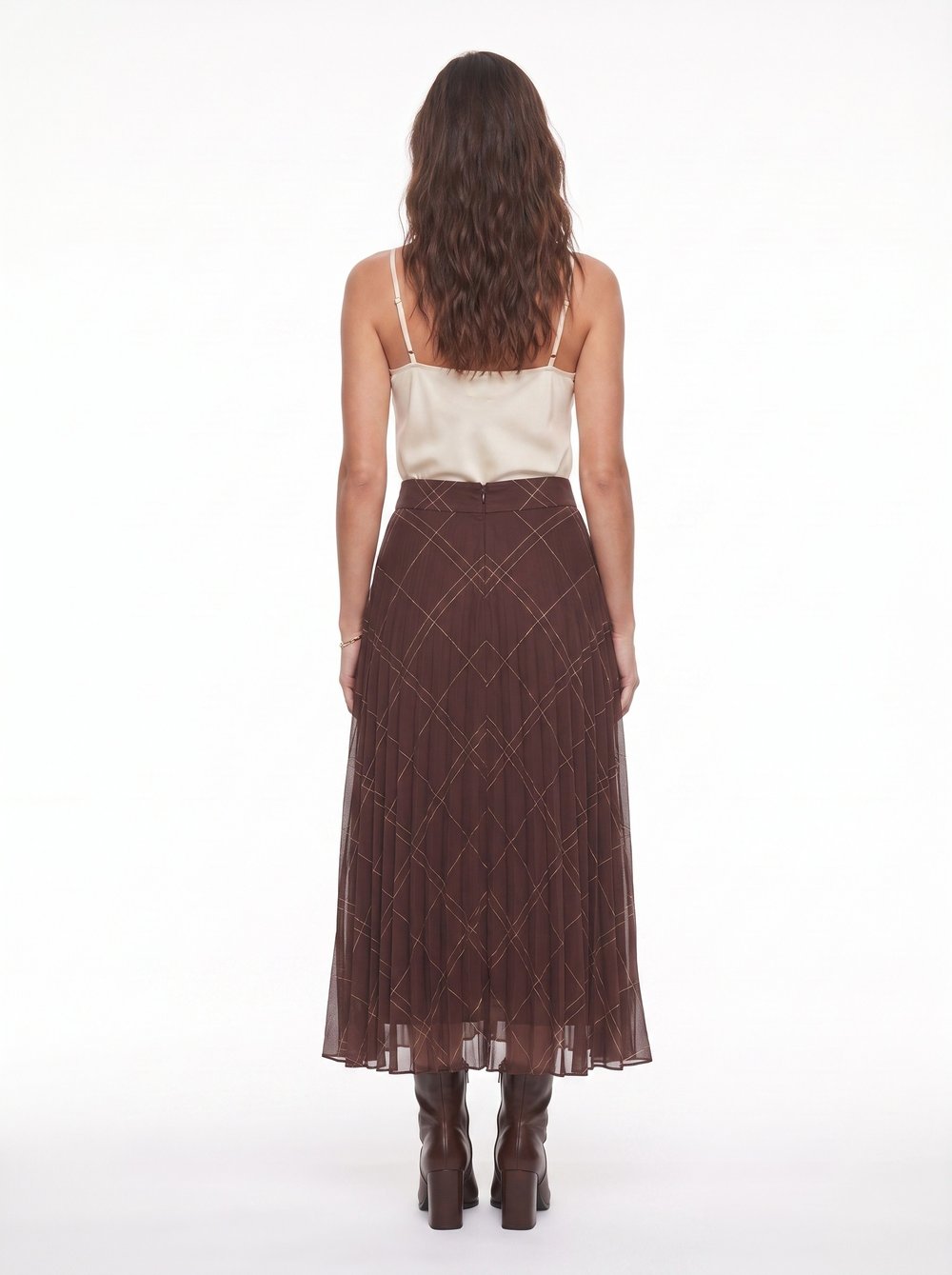 Kahve Baklava Desenli Piliseli Etek
