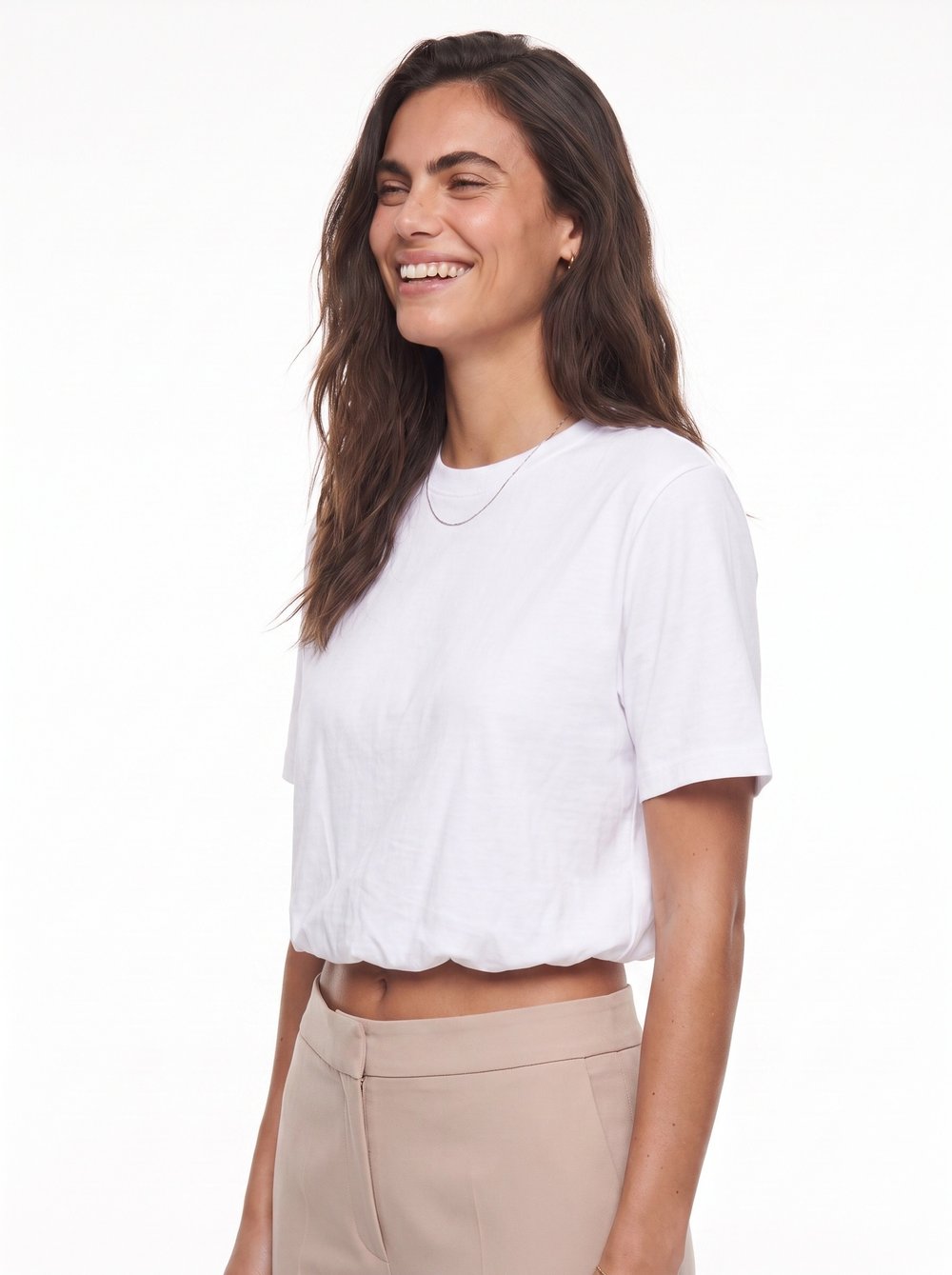 Beyaz Beli Lastikli Crop Tişört