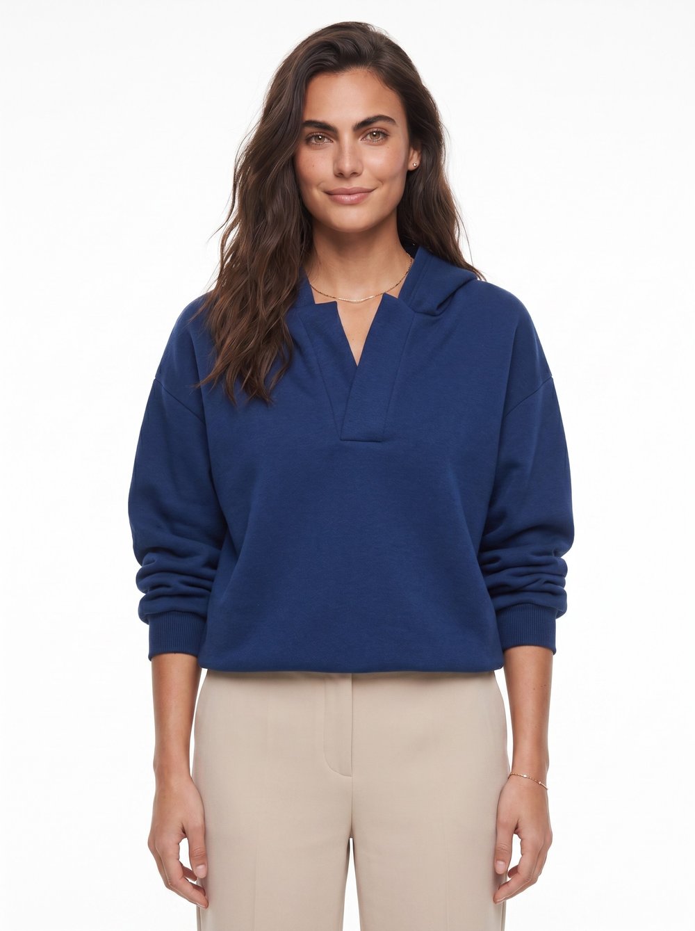 Lacivert Kapüşonlu V Yaka Sweatshirt