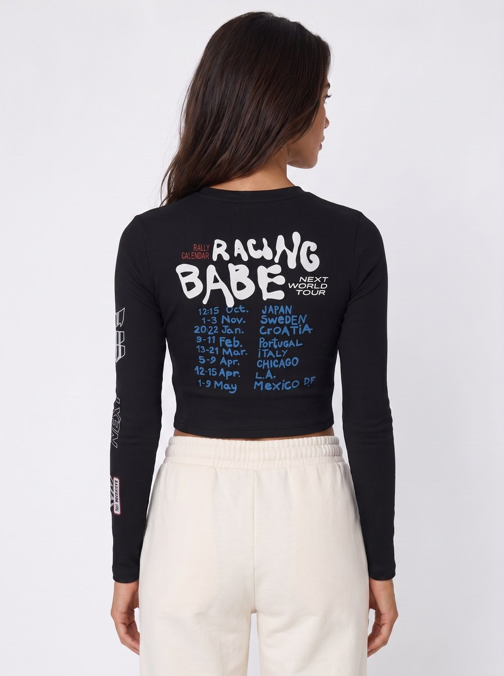 Siyah Baskılı Fitilli Crop Bluz