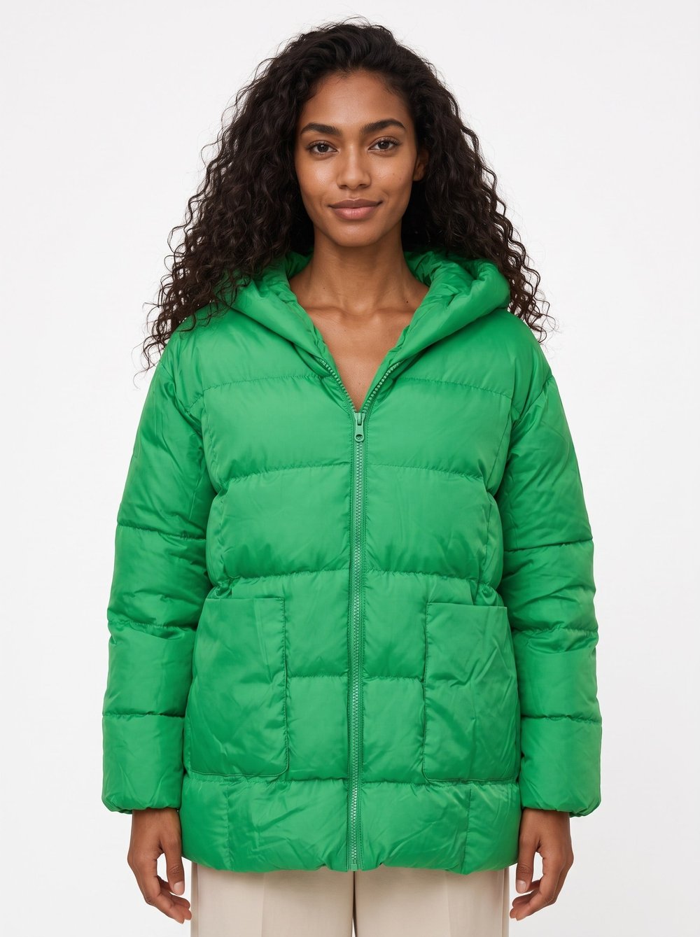 Yeşil Kapüşonlu Oversize Şişme Mont