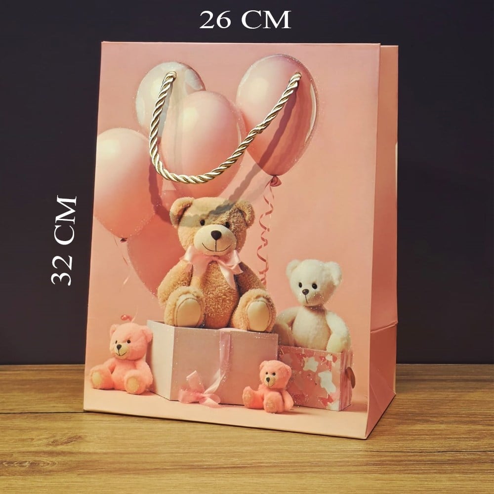 Ayıcık Desenli Pembe Büyük Boy Karton Hediye Çantası