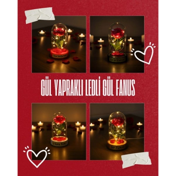Gül Yapraklı Ledli Gül Fanus