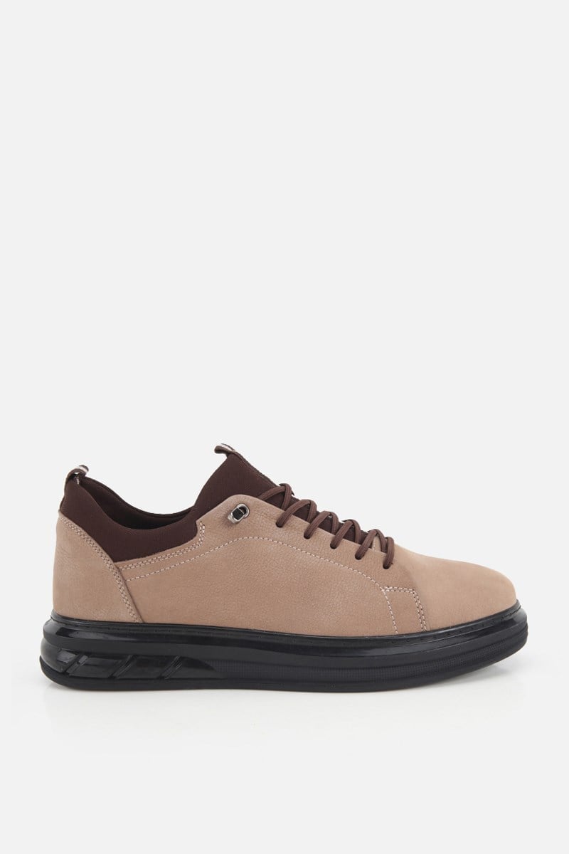 Erkek Bej Nubuk Deri Bağcıklı Sneaker