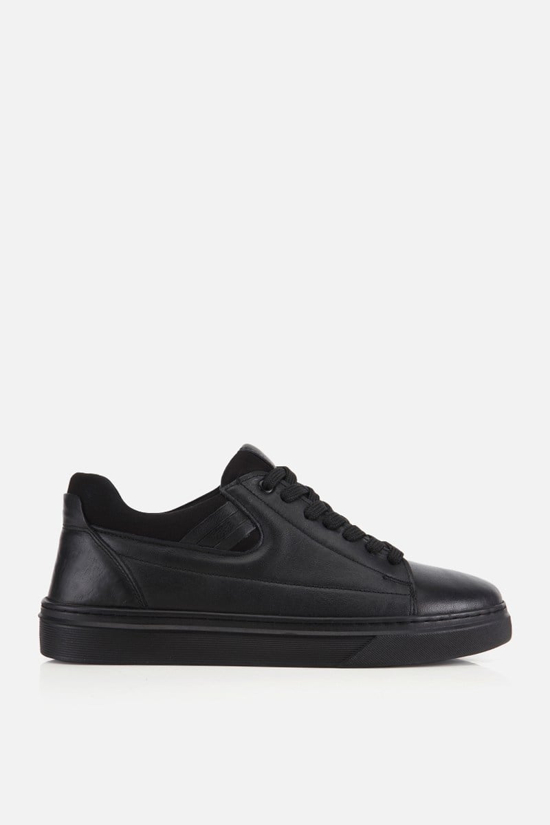 Erkek Siyah Deri Bağcıklı Casual Sneaker