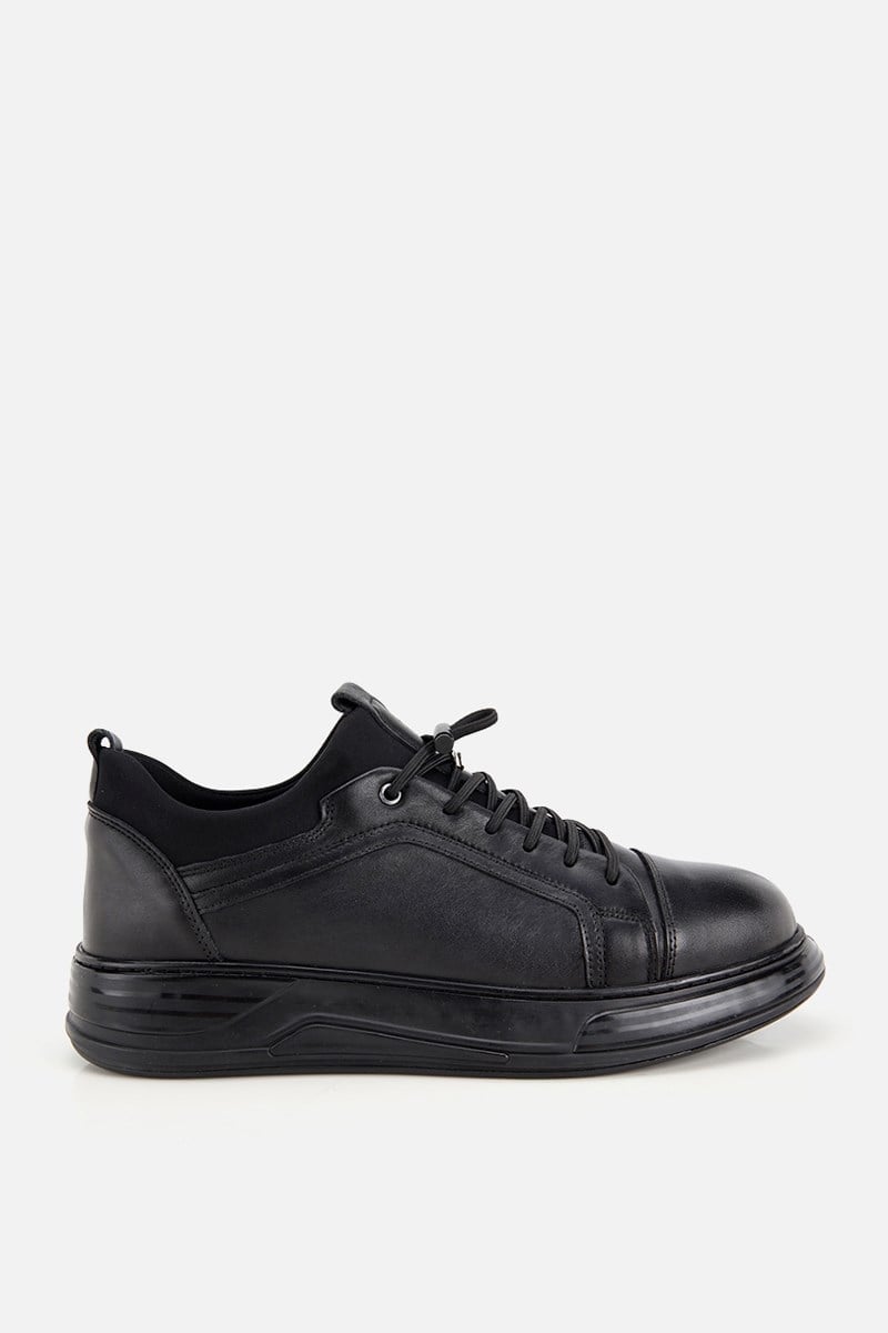 Erkek Siyah Deri Bağcıklı Kalın Tabanlı Sneaker