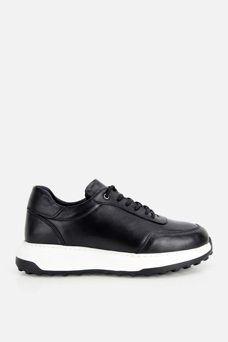 Erkek Siyah Deri Bağcıklı Kontrast Tabanlı Casual Sneaker