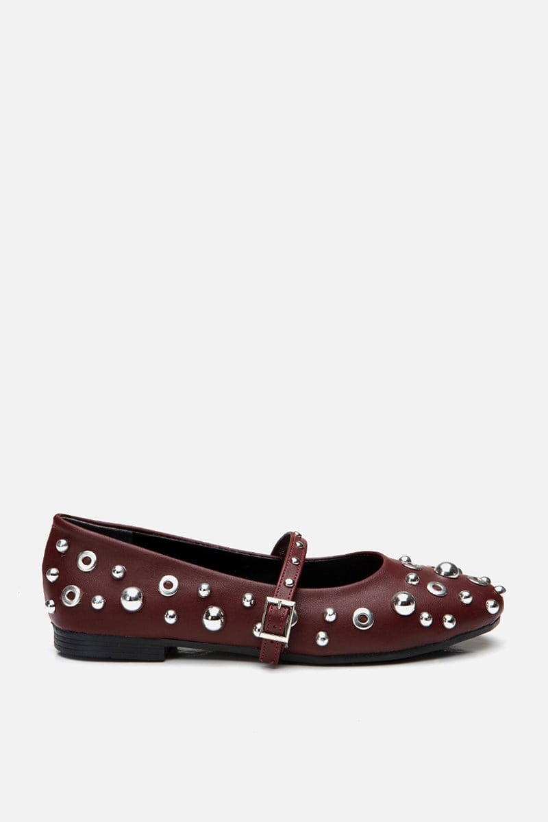 Kadın Bordo Mary Jane Taşlı Babet