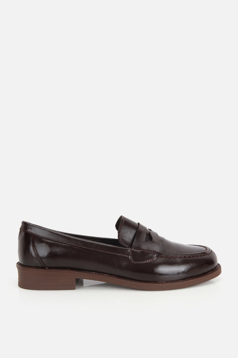 Kadın Kahverengi Rugan Düz Tabanlı Klasik Loafer