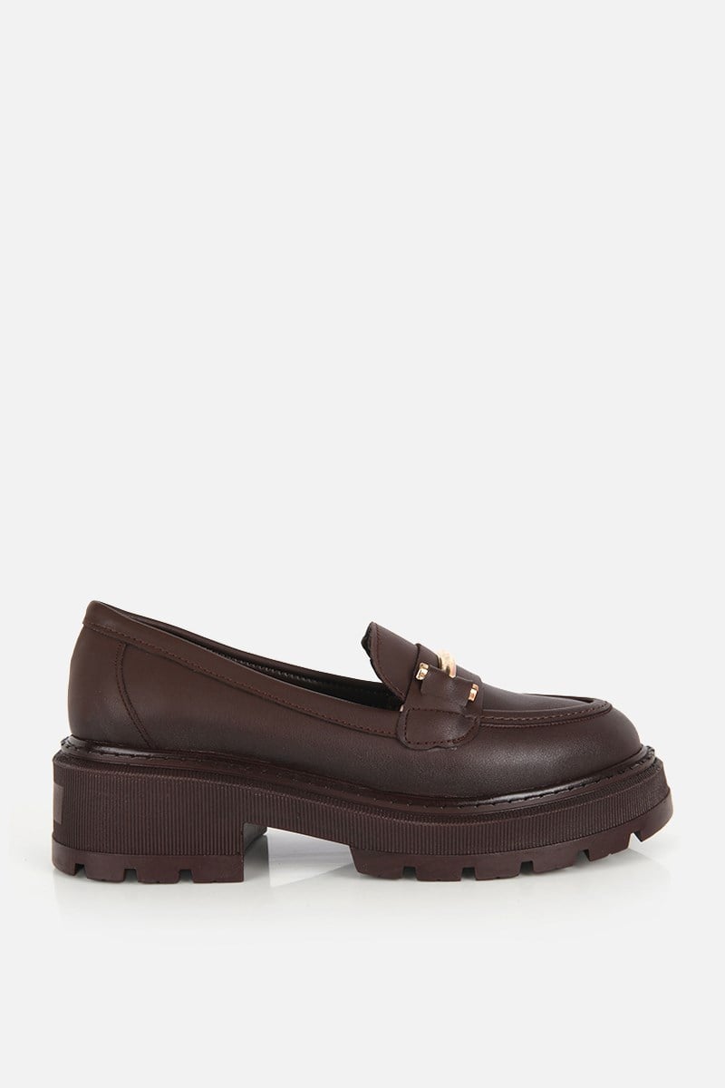 Kadın Kahverengi Tokalı Kalın Tabanlı Klasik Loafer