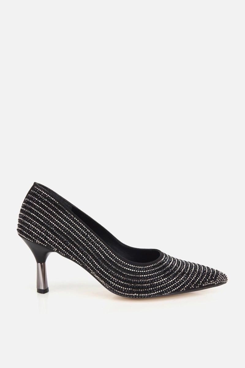 Kadın Siyah Saten Taşlı İnce Topuklu Stiletto