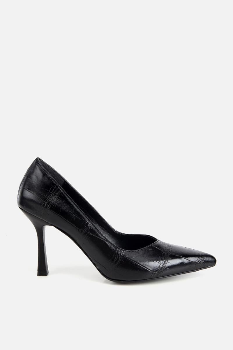 Kadın Siyah Yılan Desenli İnce Topuklu Stiletto