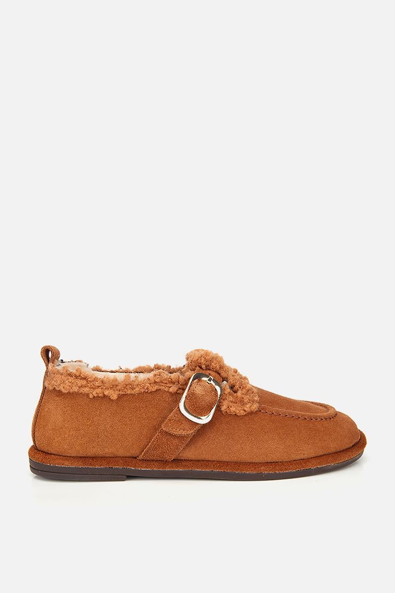Kadın Süet Deri Taba İçi Kürklü Tokalı Günlük Loafer