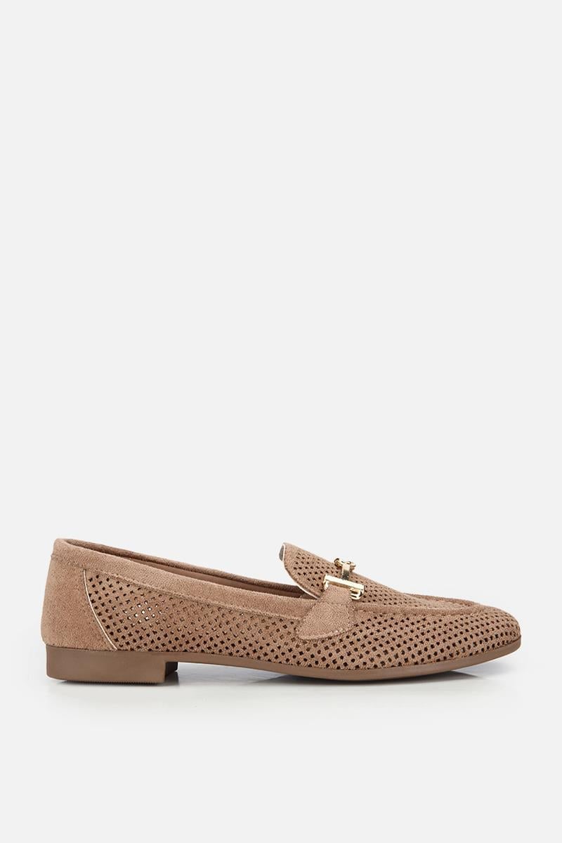 Kadın Vizon Süet Tokalı Zımba Detaylı Loafer