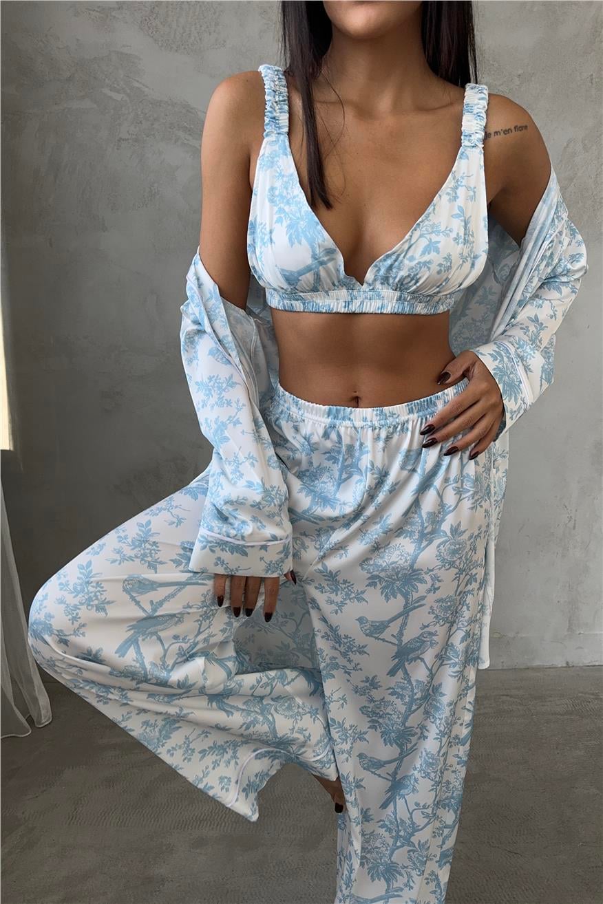 Alberi Blu Saten Uzun Üçlü Pijama Takımı