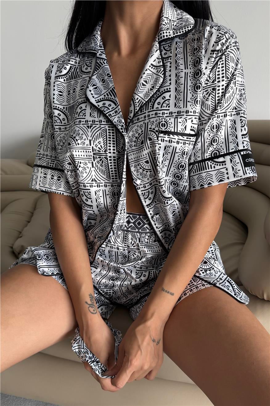 Disegno Tradizionale Kısa Lastik Bel Pijama Takımı 03