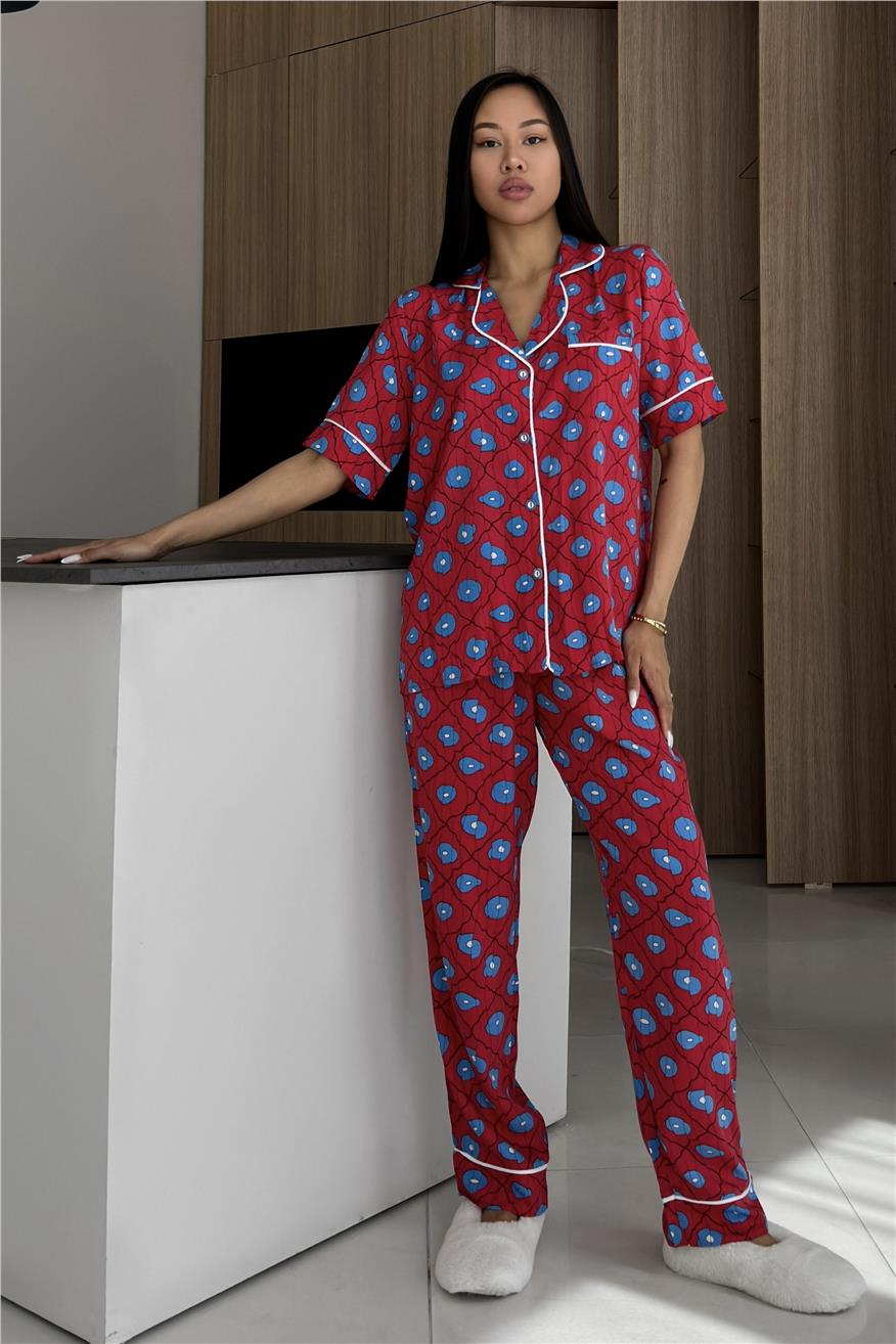Eco di Giardino Kırmızı Viskon Kısa Kol Pantolon Pijama Takımı