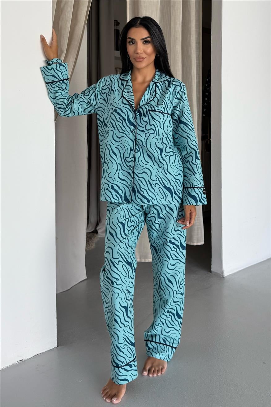 Eleganza Selvaggia Mavi Uzun Pijama Takımı