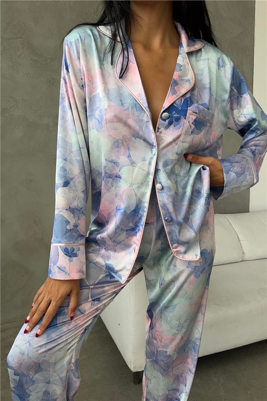 Elika Morbido Viola Saten Uzun Pijama Takımı