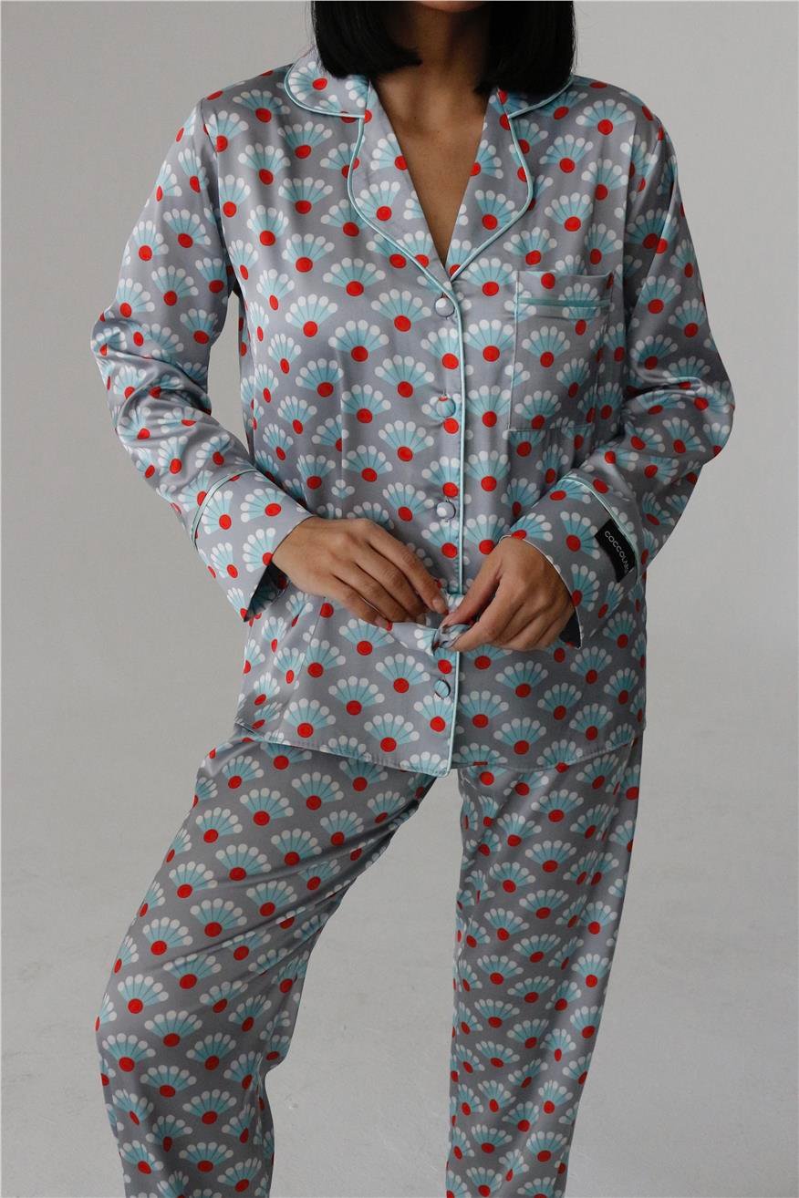Faretti Grigi Saten Uzun Pijama Takımı